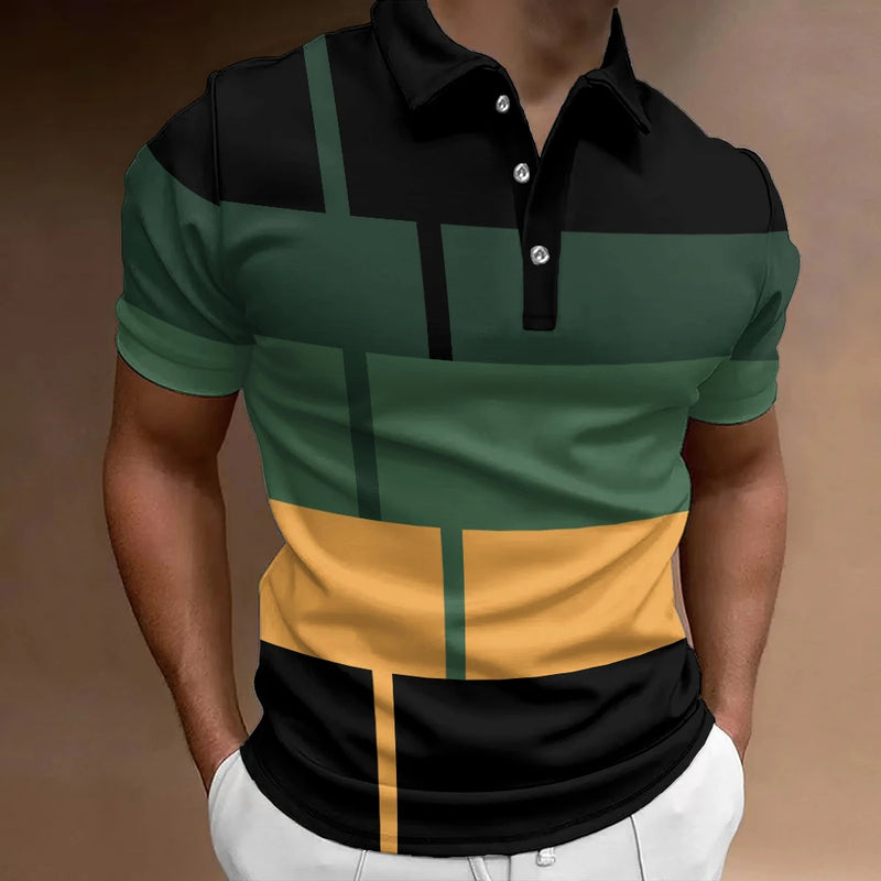 Camisa polo listrada 3D masculina, camiseta grande de manga curta, roupa respirável, esportes de rua casuais, verão