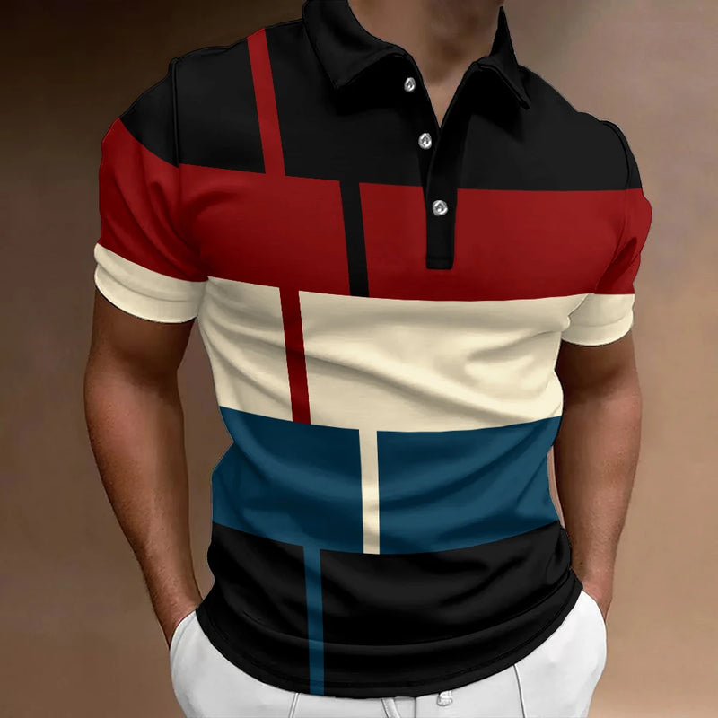 Camisa polo listrada 3D masculina, camiseta grande de manga curta, roupa respirável, esportes de rua casuais, verão