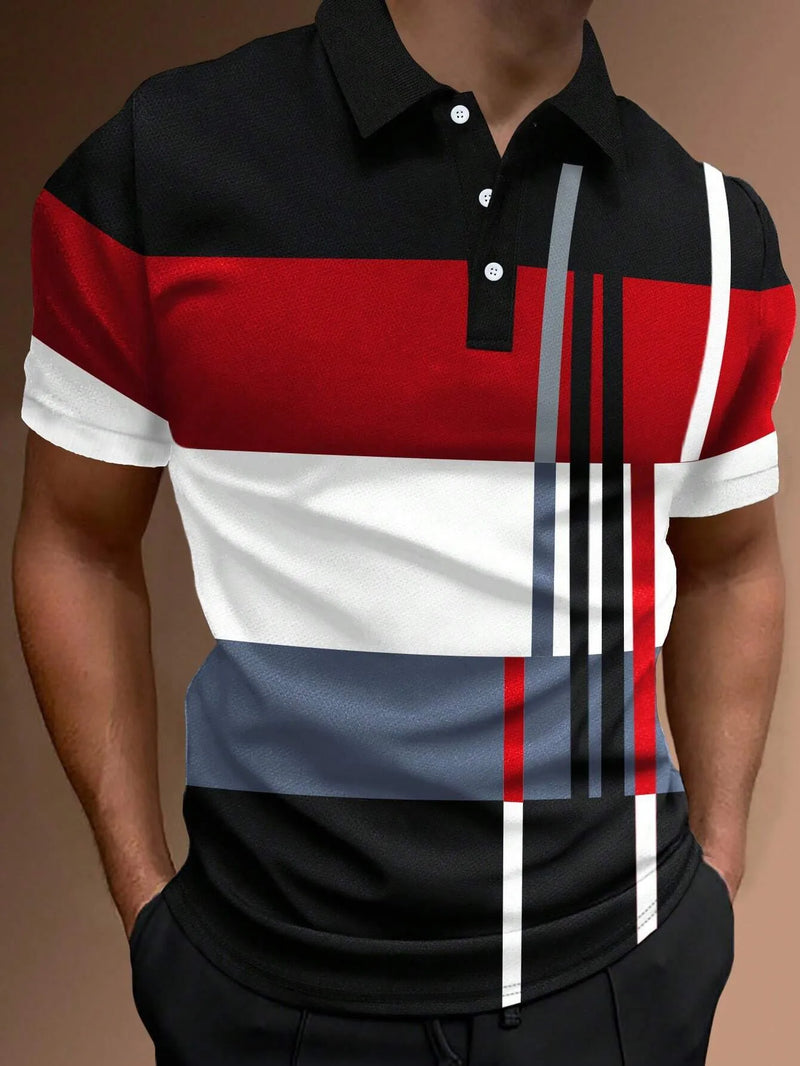 Camisa polo listrada 3D masculina, camiseta grande de manga curta, roupa respirável, esportes de rua casuais, verão