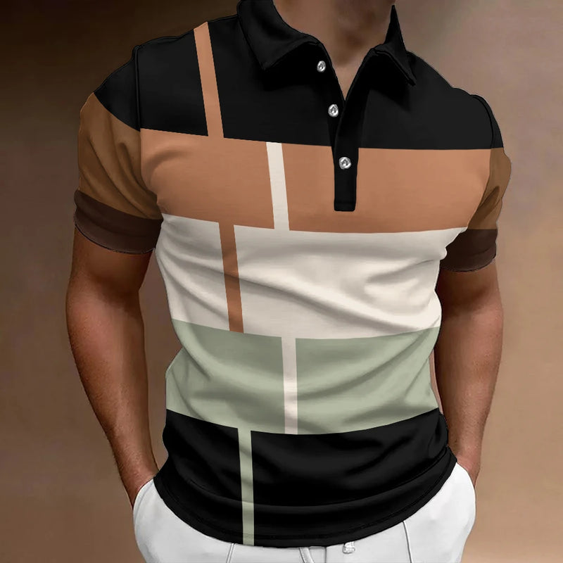 Camisa polo listrada 3D masculina, camiseta grande de manga curta, roupa respirável, esportes de rua casuais, verão