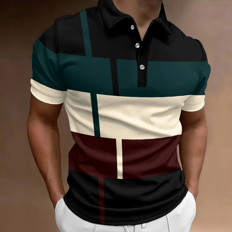 Camisa polo listrada 3D masculina, camiseta grande de manga curta, roupa respirável, esportes de rua casuais, verão