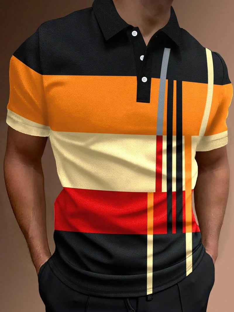 Camisa polo listrada 3D masculina, camiseta grande de manga curta, roupa respirável, esportes de rua casuais, verão