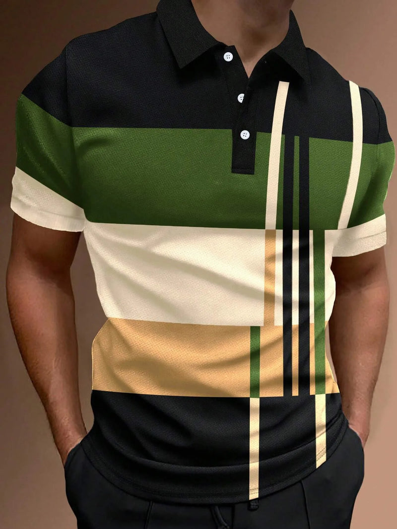 Camisa polo listrada 3D masculina, camiseta grande de manga curta, roupa respirável, esportes de rua casuais, verão