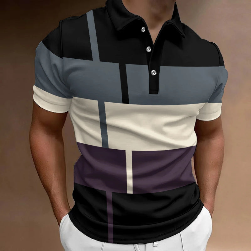 Camisa polo listrada 3D masculina, camiseta grande de manga curta, roupa respirável, esportes de rua casuais, verão