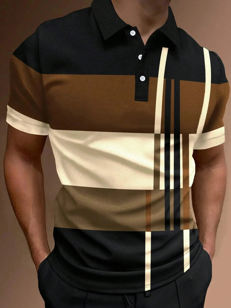 Camisa polo listrada 3D masculina, camiseta grande de manga curta, roupa respirável, esportes de rua casuais, verão