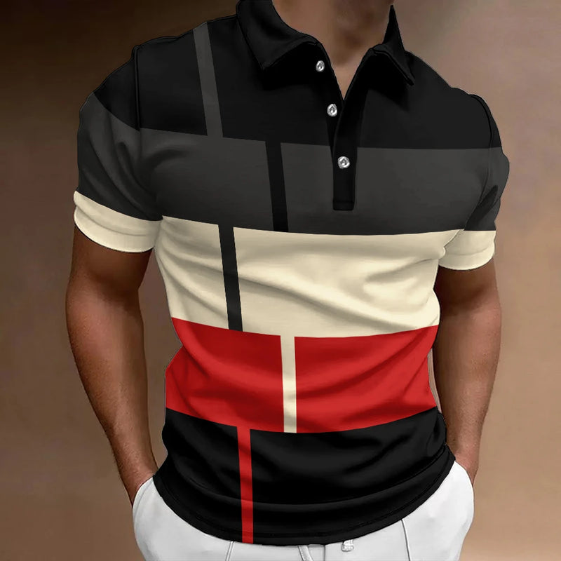 Camisa polo listrada 3D masculina, camiseta grande de manga curta, roupa respirável, esportes de rua casuais, verão