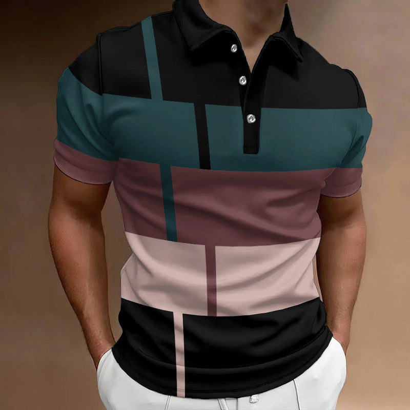 Camisa polo listrada 3D masculina, camiseta grande de manga curta, roupa respirável, esportes de rua casuais, verão