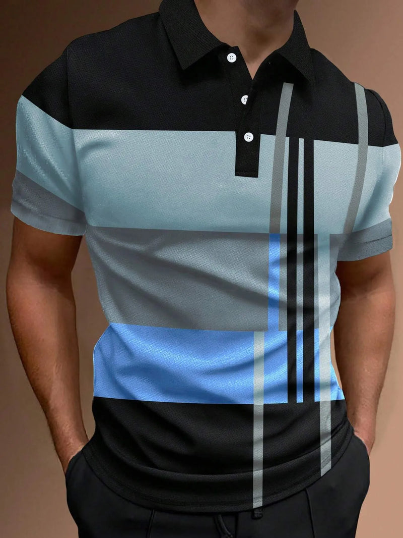 Camisa polo listrada 3D masculina, camiseta grande de manga curta, roupa respirável, esportes de rua casuais, verão